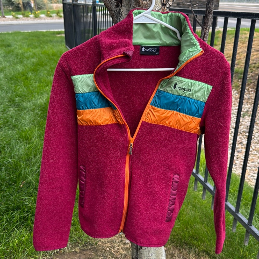 Cotopaxi Women's Ski Jacket - Red with Green, Blue, and Orange Accents